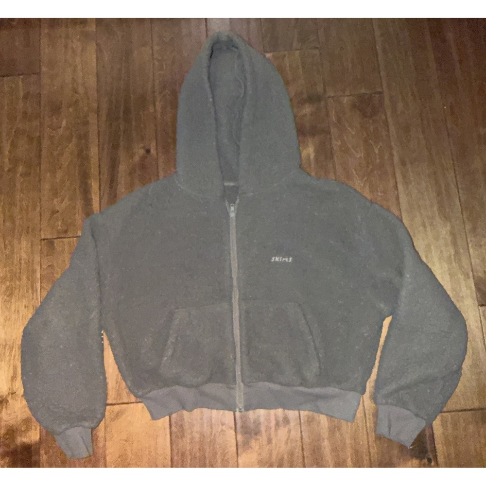 SKIMS Jacket Womens Medium Brown Teddy Sherpa Fleece Cropped Full Zip Hoodie‎